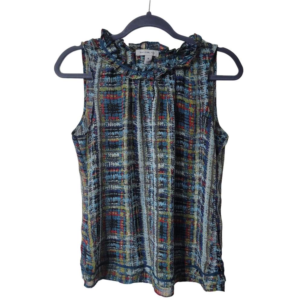 Bandolino Blue and Green Sheer Ruffled Neckline Blouse Size Small